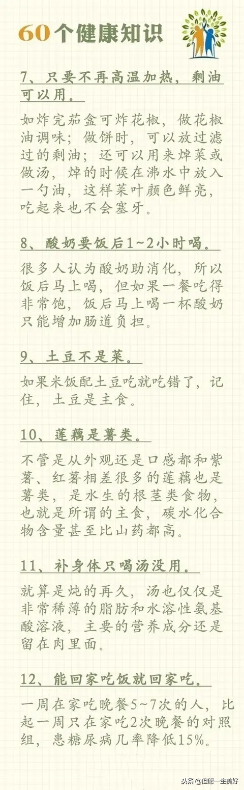 60个健康常识,值千金,收藏在手机里,多看看,受益一辈子