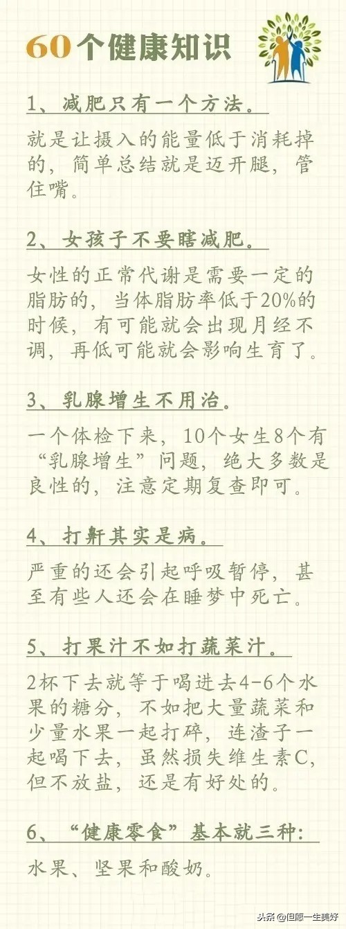 60个健康常识,值千金,收藏在手机里,多看看,受益一辈子