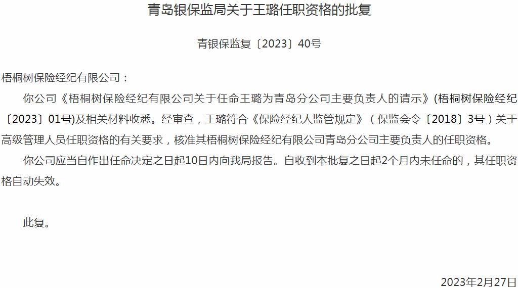 银保监会青岛监管局：王璐梧桐树保险经纪青岛分公司主要负责人的任职资格获批
