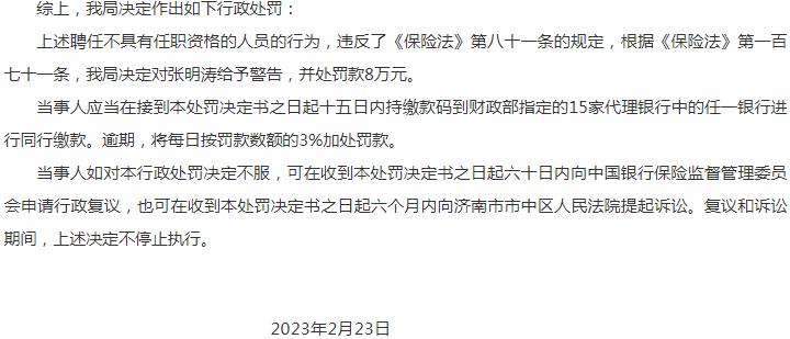 紫金财产保险山东分公司张明涛被罚8元 涉及聘任不具有任职资格的人员