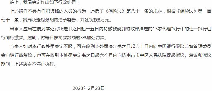 紫金财产保险山东分公司张明涛被罚8元 涉及聘任不具有任职资格的人员