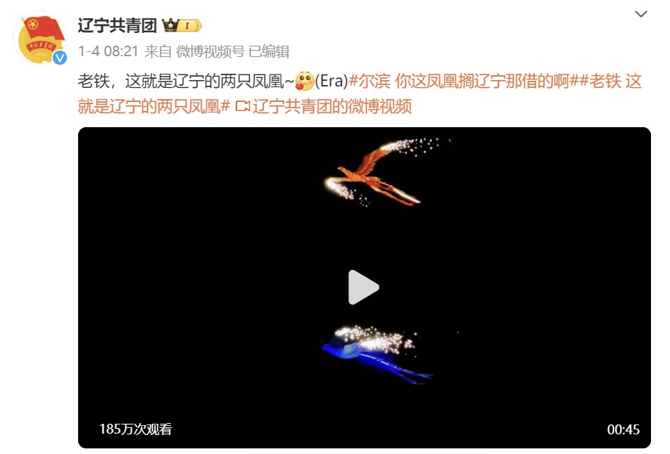 4日，辽宁共青团官方微博确认哈尔滨的凤凰来自辽宁。